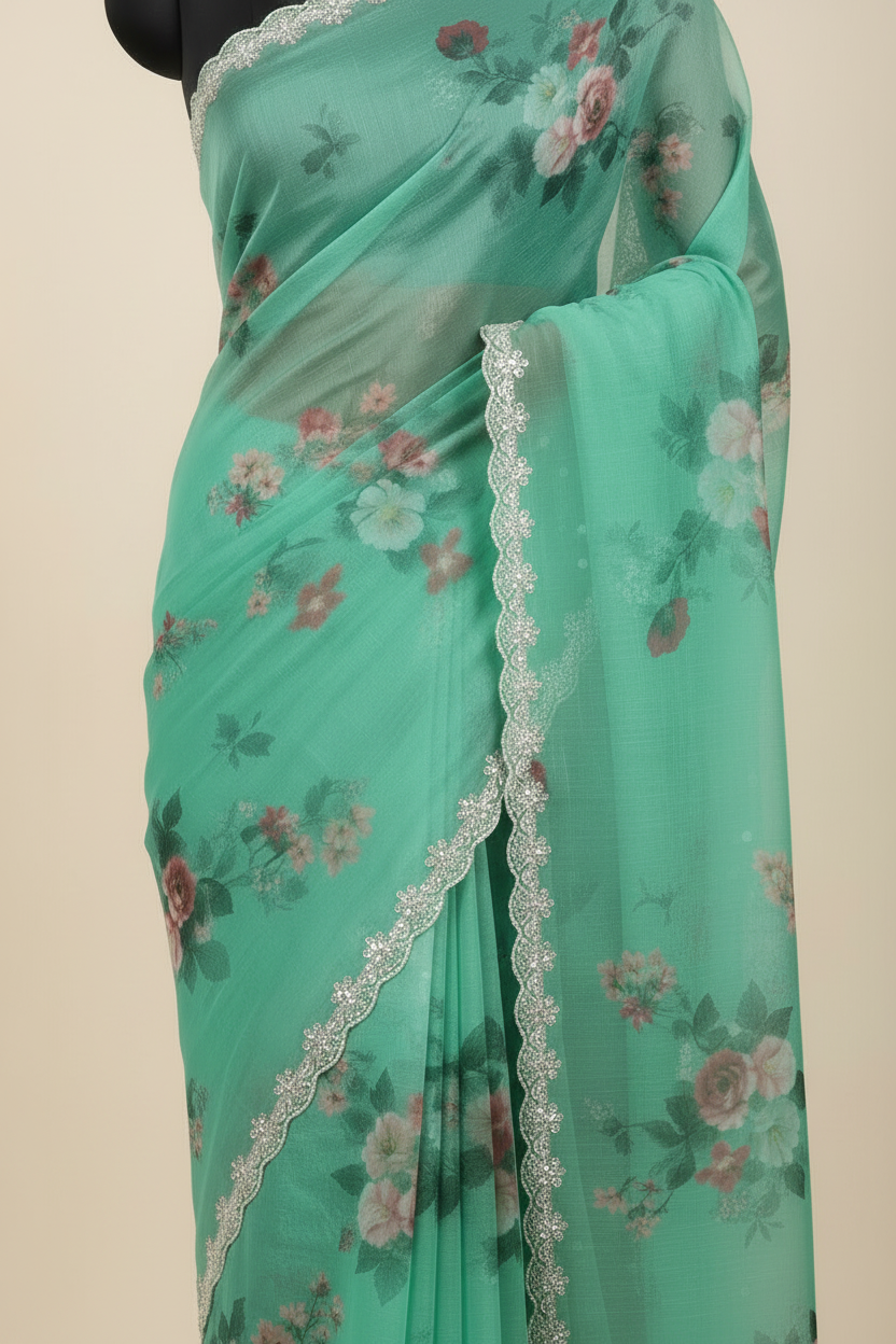 Mint Green Organza Saree - Mid-section