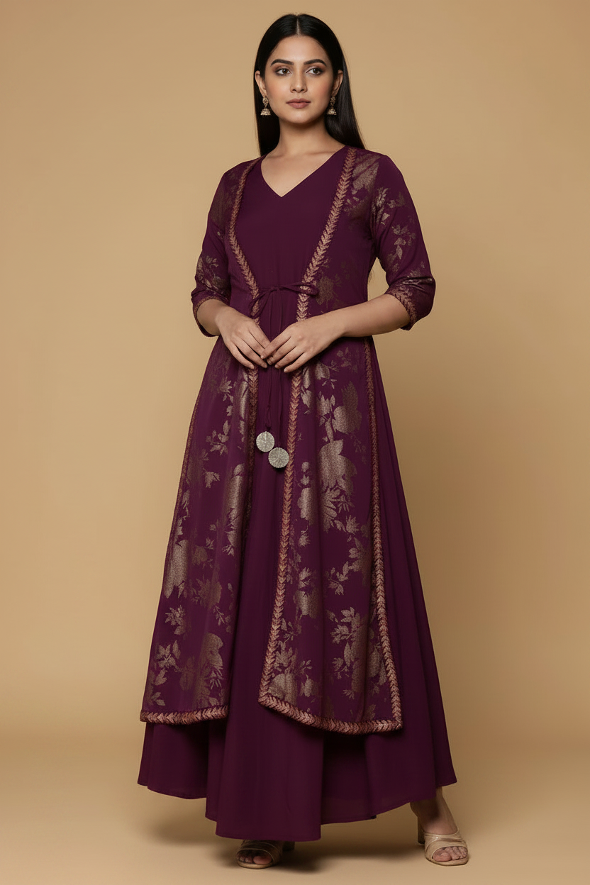 Purple Modal Silk Gown with Jacket Panel