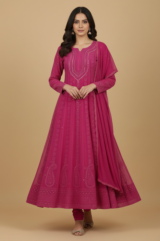Hot Pink Pure Chikankari Georgette Anarkali Set
