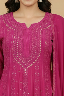 Hot Pink Pure Chikankari Georgette Anarkali Set