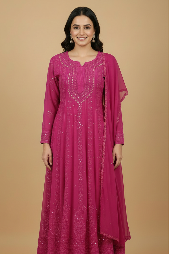 Hot Pink Pure Chikankari Georgette Anarkali Set