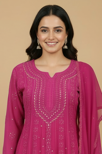 Hot Pink Pure Chikankari Georgette Anarkali Set