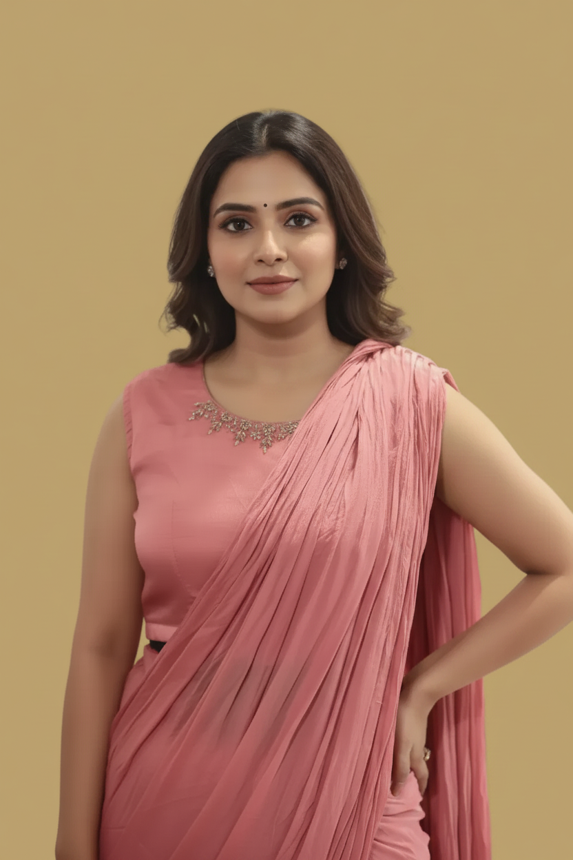 Model with neckline embroidery, no necklace