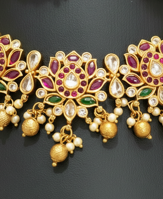 Traditional Lotus Kundan Necklace & Earrings Set