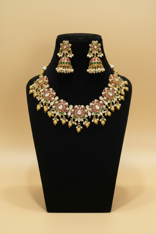 Traditional Lotus Kundan Necklace & Earrings Set