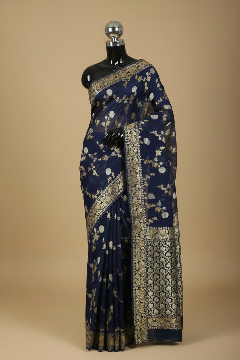 Navy Blue Banarasi Crepe Silk Saree