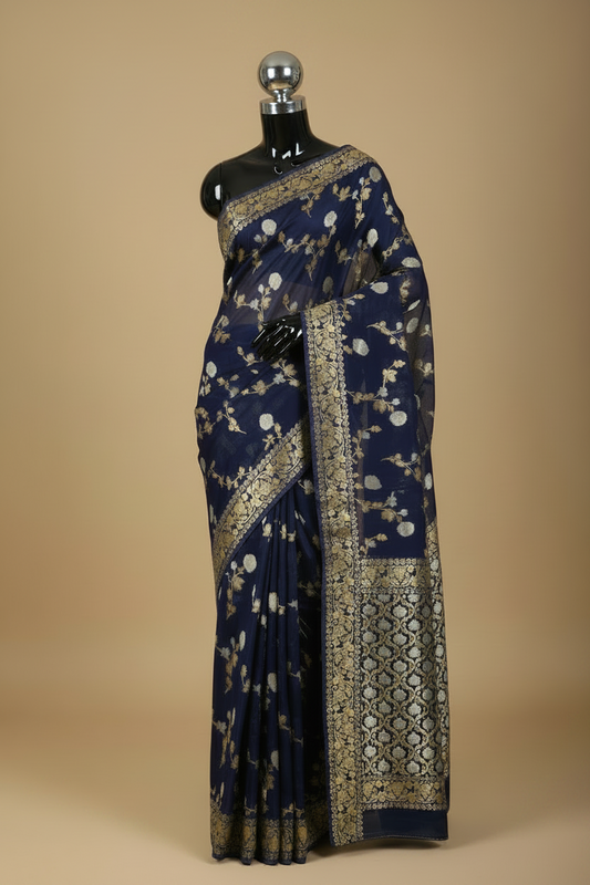 Navy Blue Banarasi Crepe Silk Saree