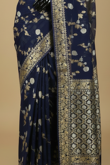 Navy Blue Banarasi Crepe Silk Saree