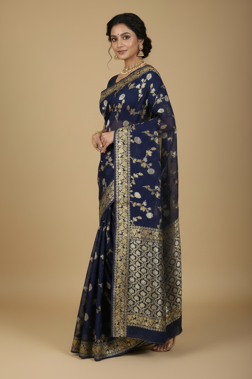 Navy Blue Banarasi Crepe Silk Saree