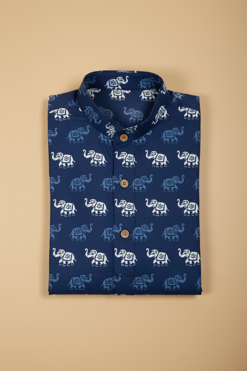 Navy Blue Elephant Print Kurta Folded