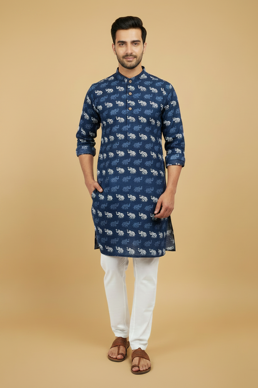 Men's Navy Blue Elephant Print Cotton Kurta Pant Set