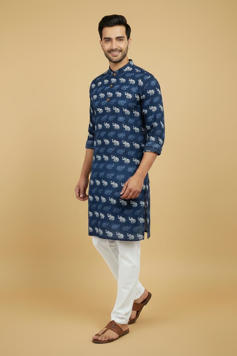 Men's Navy Blue Elephant Print Cotton Kurta Pant Set