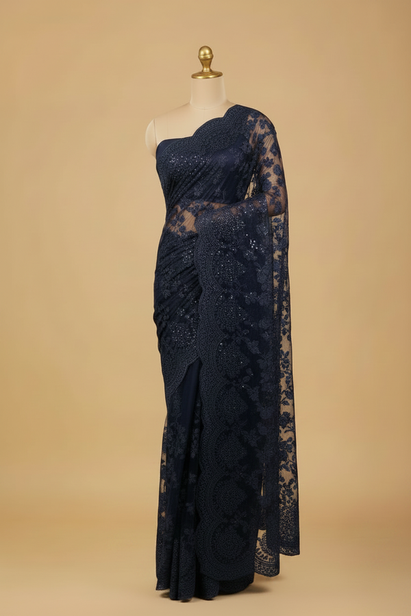 Navy Blue Net Stonework Embroidery Saree