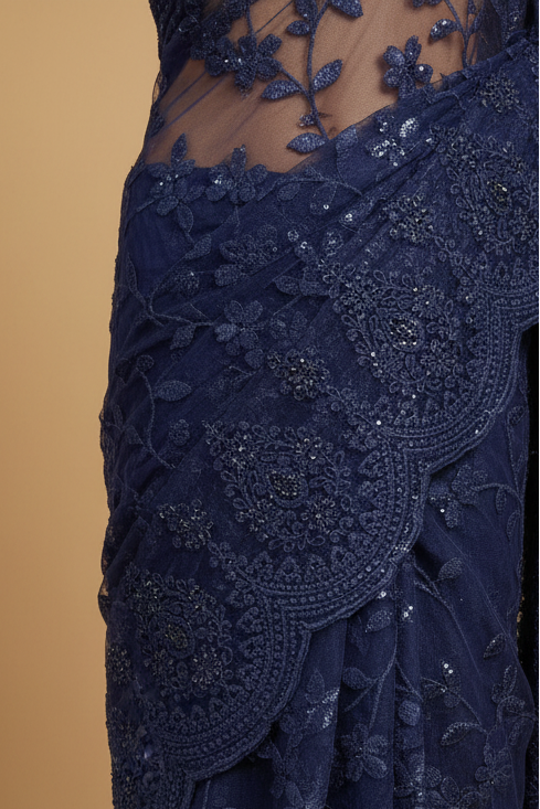 Navy Blue Net Saree Close-up