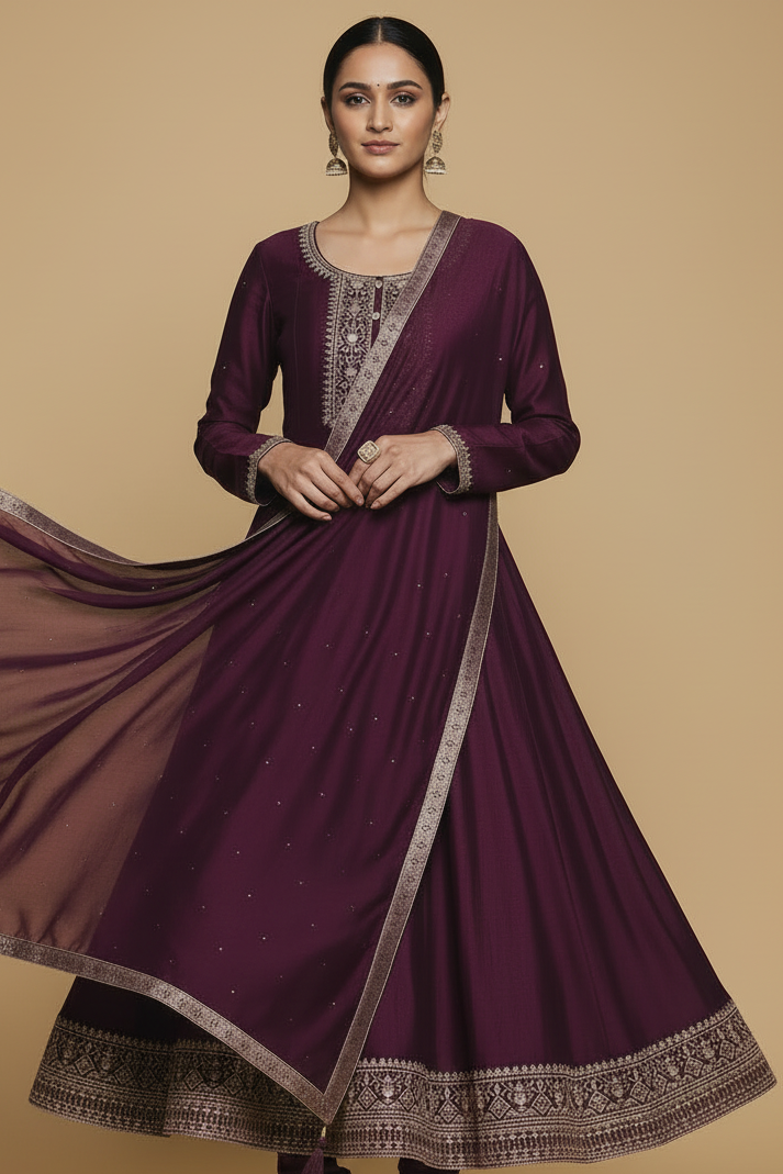 Deep Purple Silk Anarkali Set with Embroidery and Stone Work Dupatta