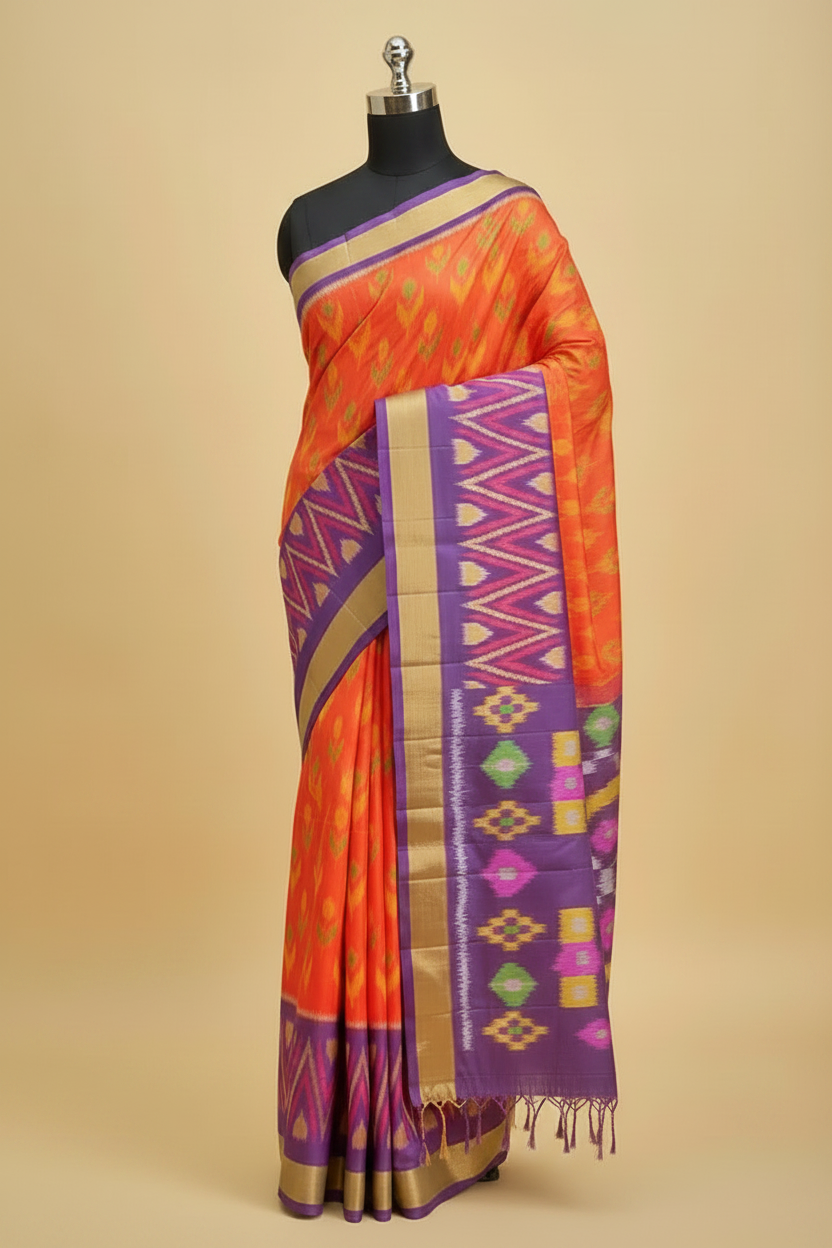 Orange Ikkat — Black Mannequin + Beige-Gold Background
