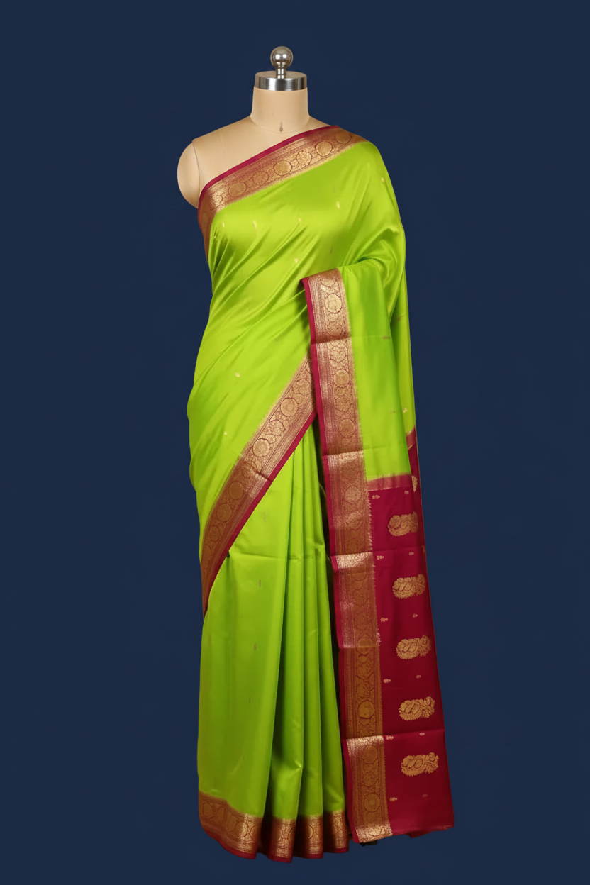 Parrot Green Mysore Crepe Silk on Beige Mannequin
