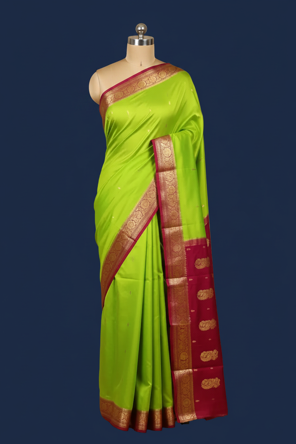 Green Pure Mysore Crepe Silk Saree with Maroon Border