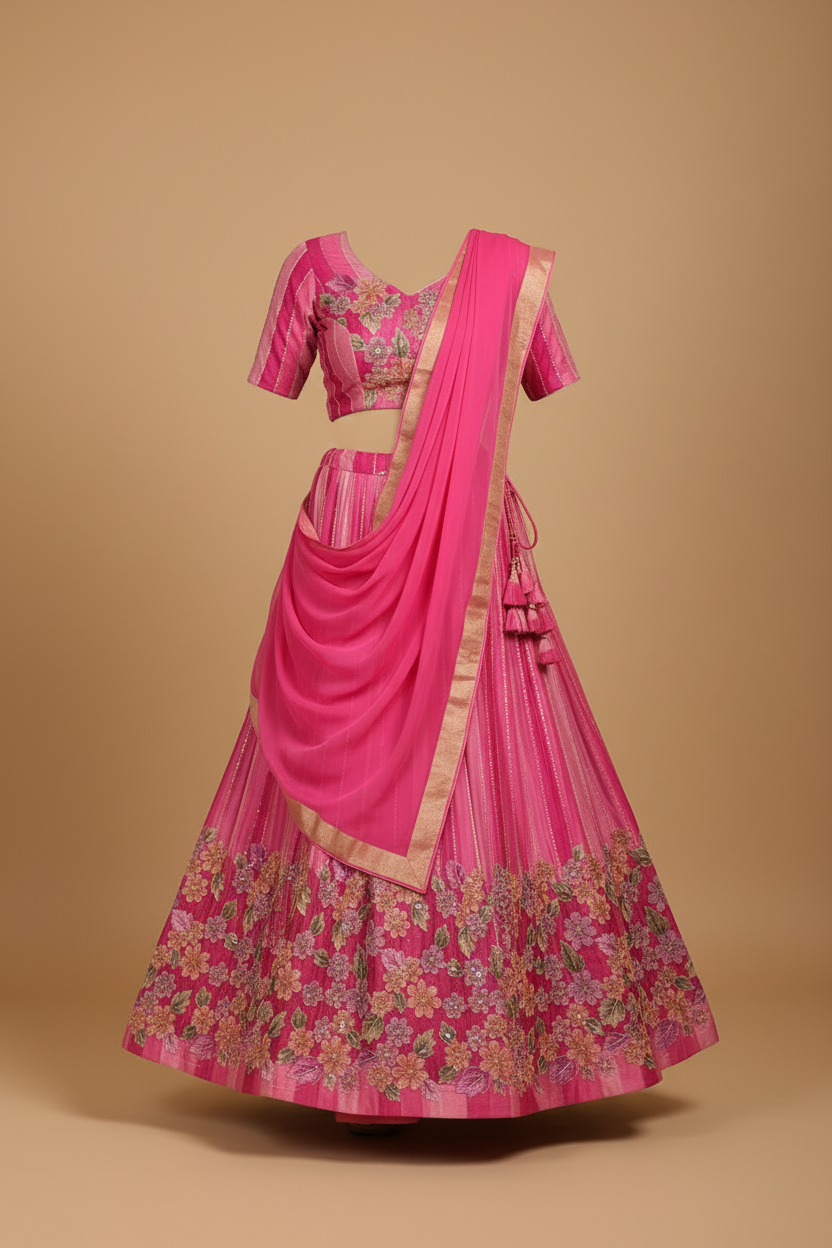 Pink Floral Georgette Lehenga Ghost Mannequin