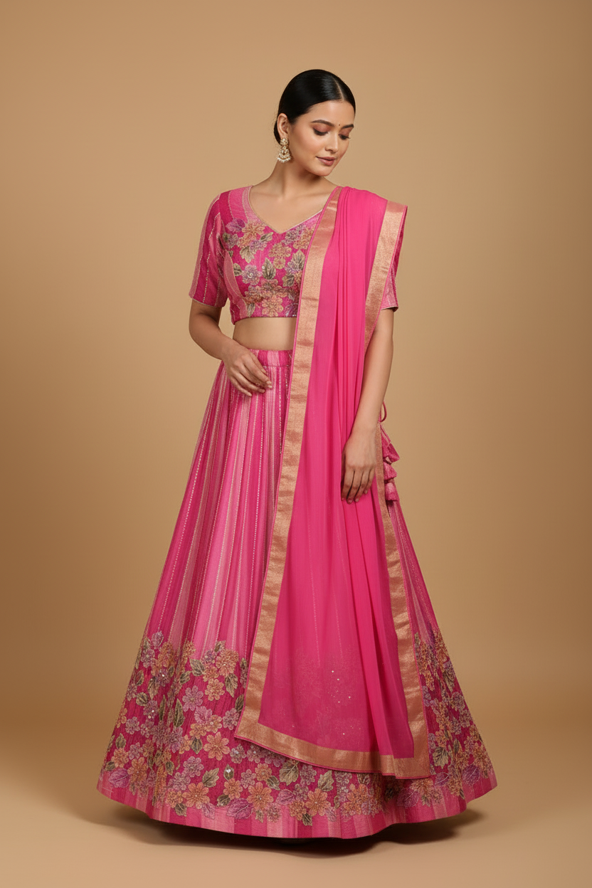 Pink Floral Georgette Lehenga Model Looking Down