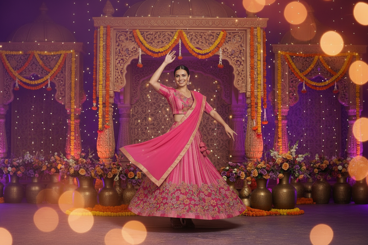 Pink Floral Georgette Embellished Lehenga Set