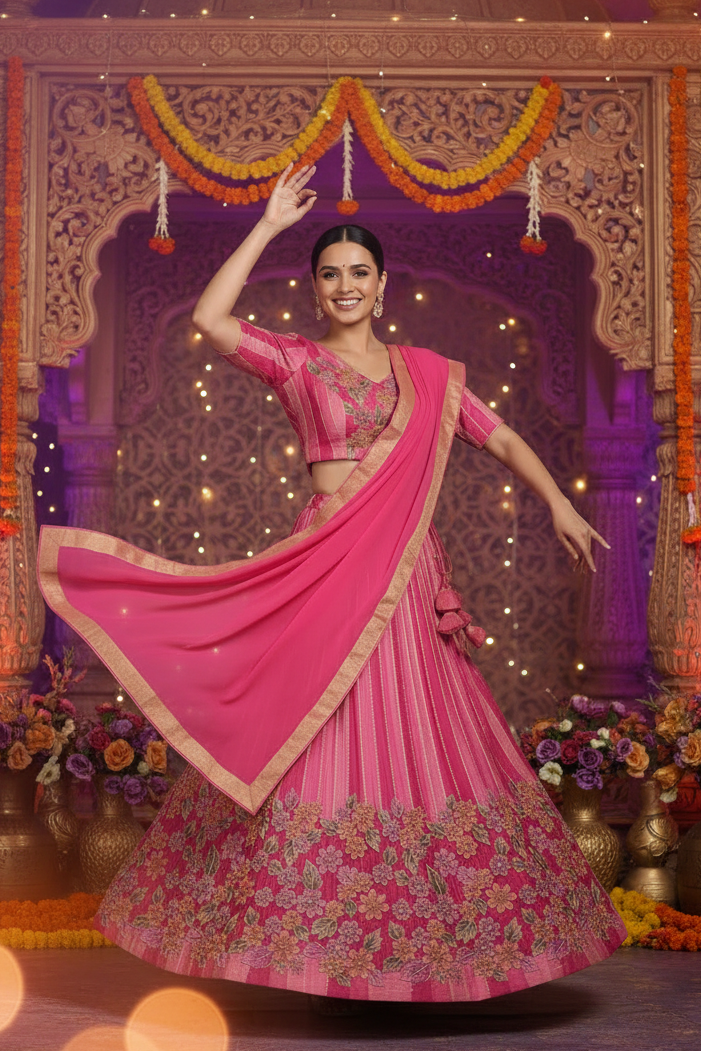 Pink Floral Georgette Embellished Lehenga Set