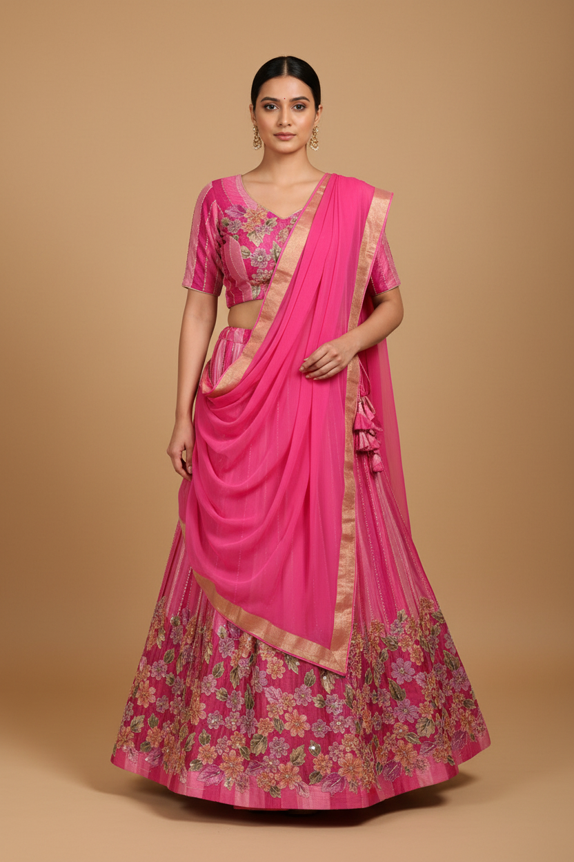 Pink Floral Georgette Lehenga on Model