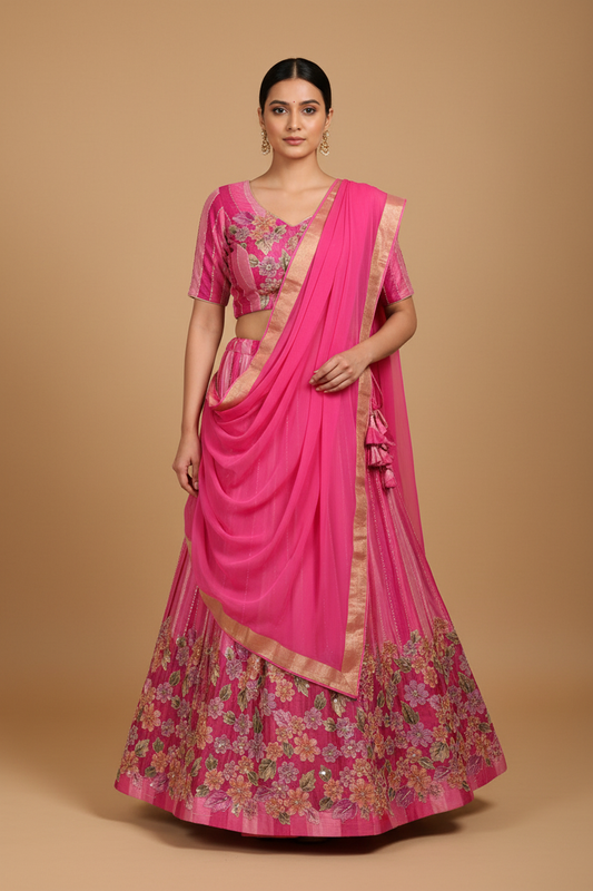 Pink Floral Georgette Lehenga on Model