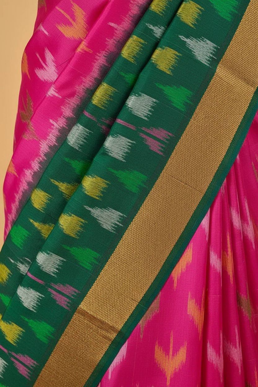 Pink Green Ikat Saree Detail