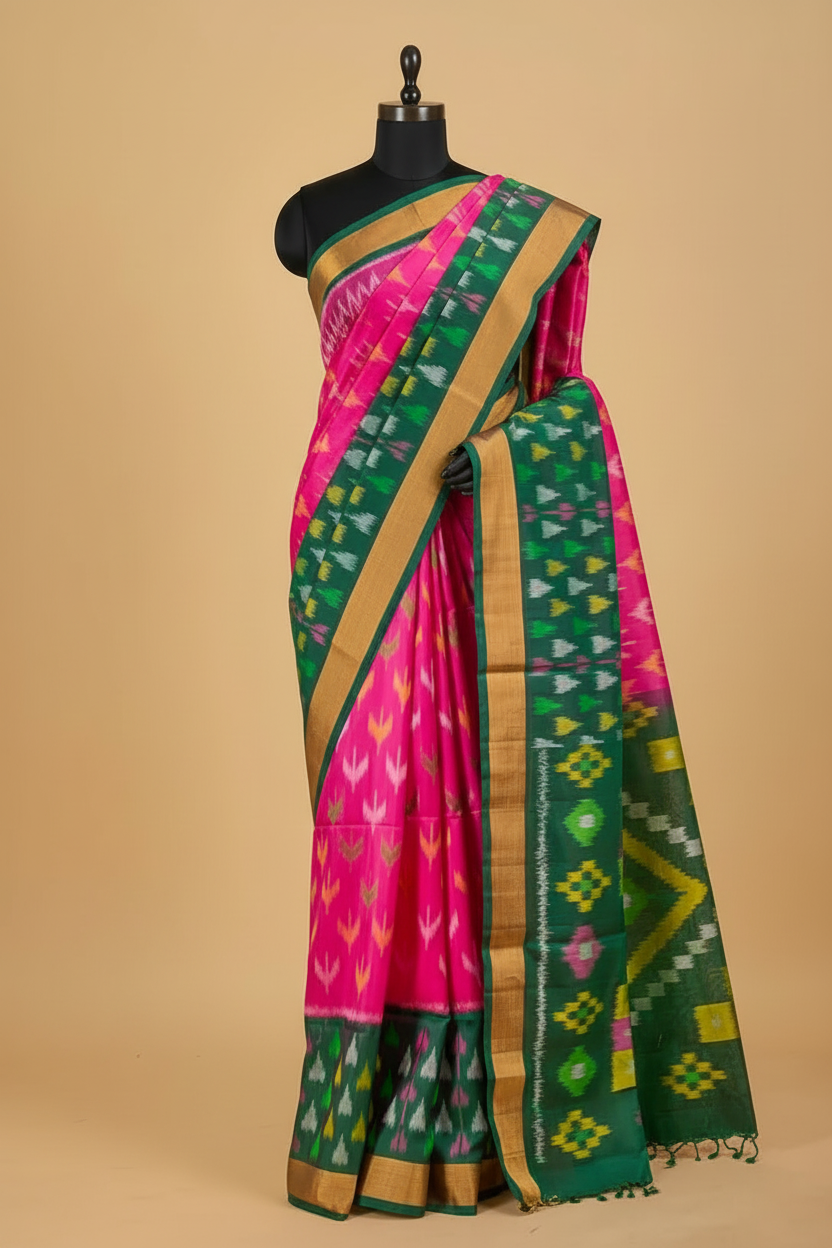 Pink Green Ikat Saree No Pleats Open Drape