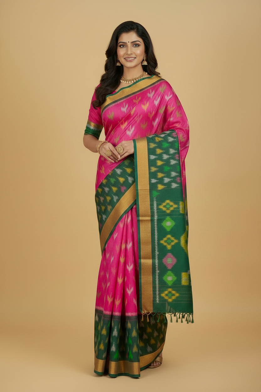Pink Pure Ikat Silk Saree with Green Border