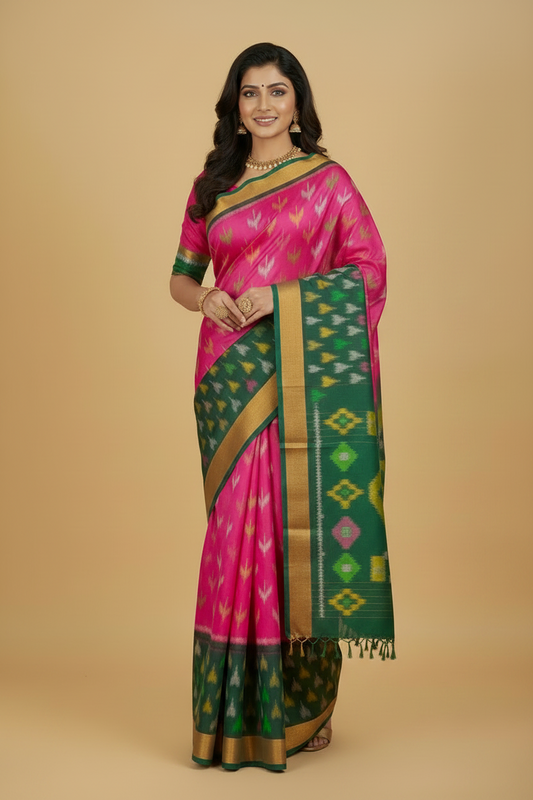 Pink Pure Ikat Silk Saree with Green Border