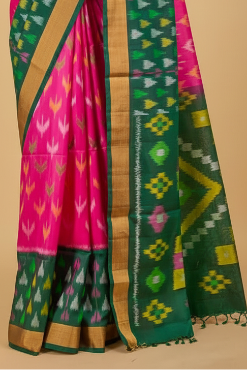 Pink Pure Ikat Silk Saree with Green Border