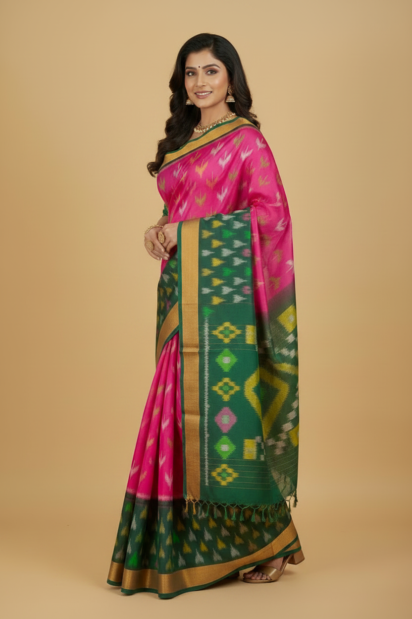 Pink Pure Ikat Silk Saree with Green Border