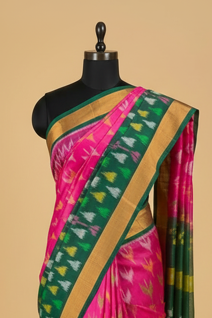 Pink Pure Ikat Silk Saree with Green Border