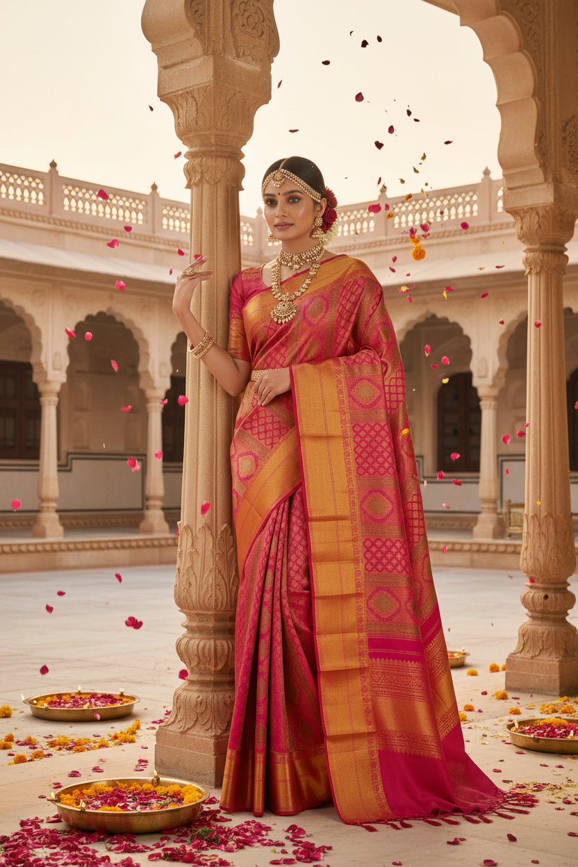 Magenta & Gold Pure Kanjeevaram Brocade Silk Saree