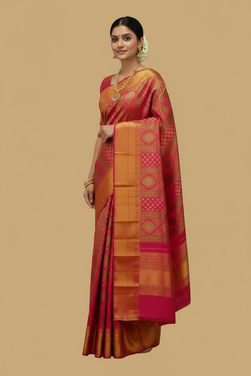 Magenta & Gold Pure Kanjeevaram Brocade Silk Saree