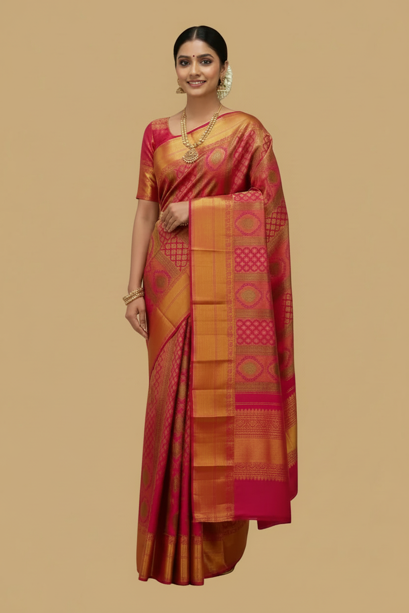 Magenta & Gold Pure Kanjeevaram Brocade Silk Saree