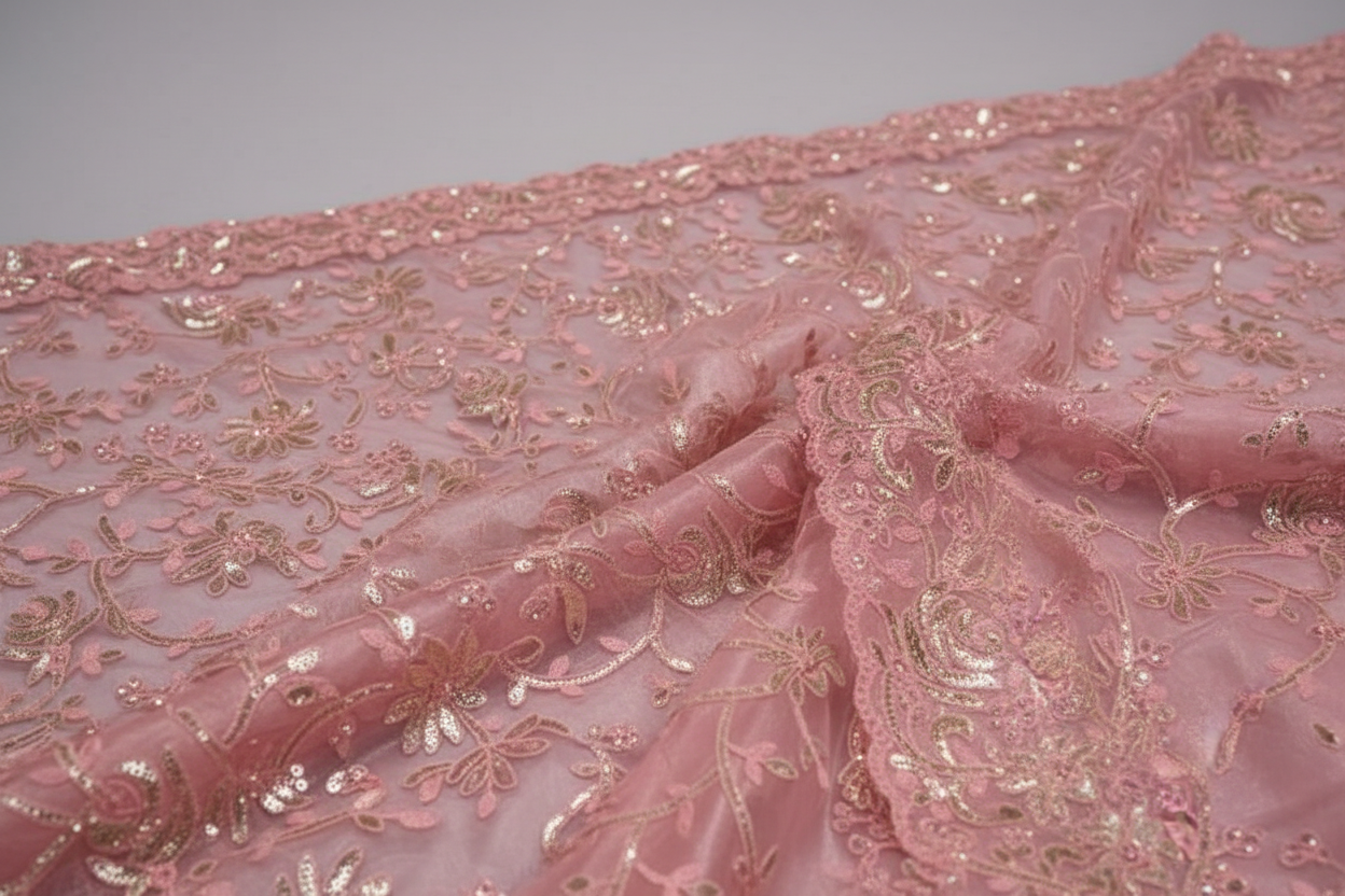 Pink Net Saree - Close-up Detail