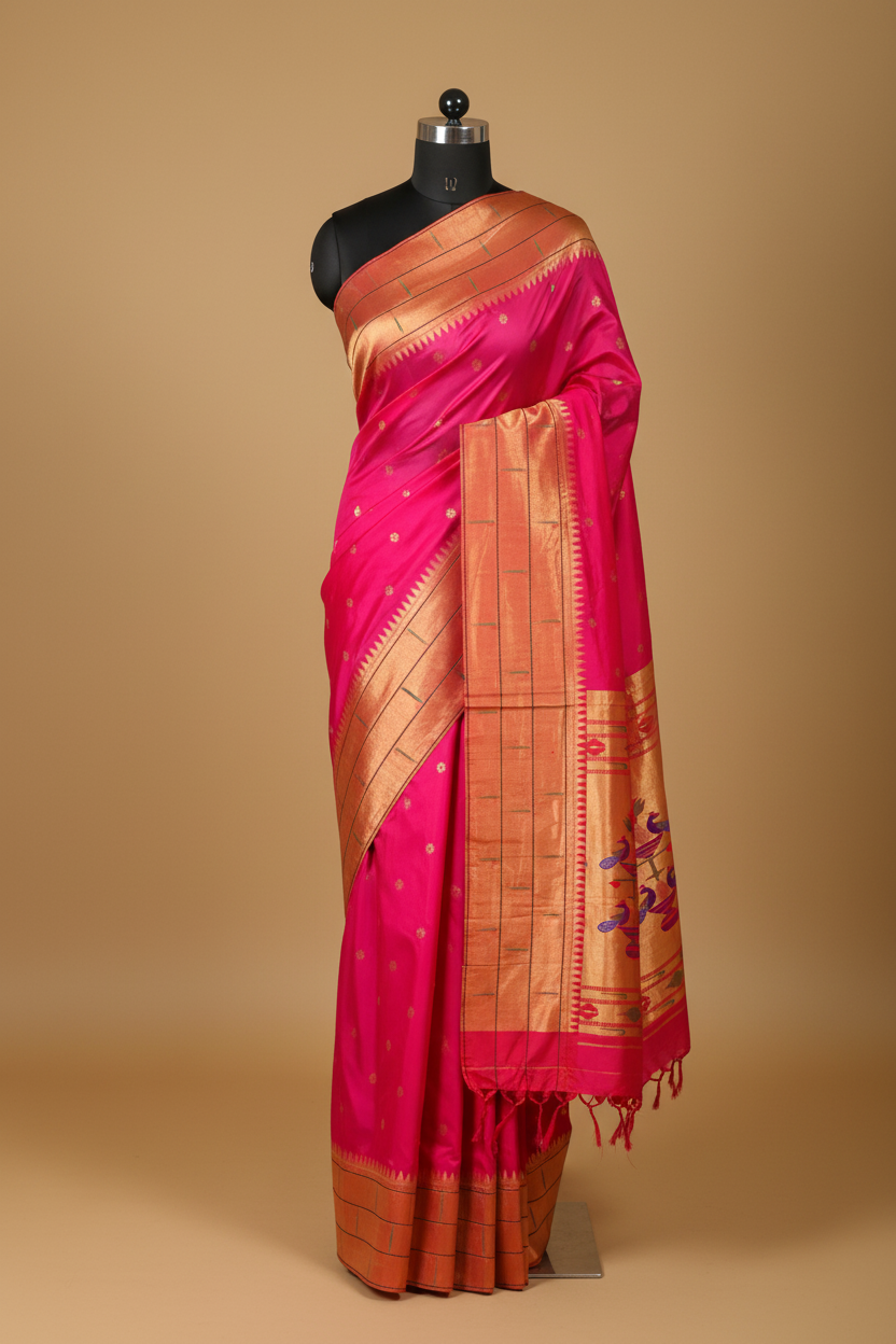 Pink Paithani flowing Nivi drape