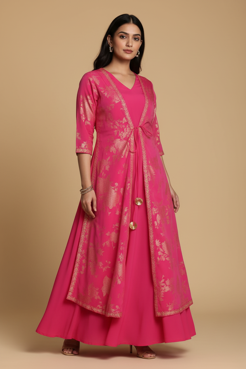Premium Editorial Model - Hot Pink Gold Print Jacket Gown