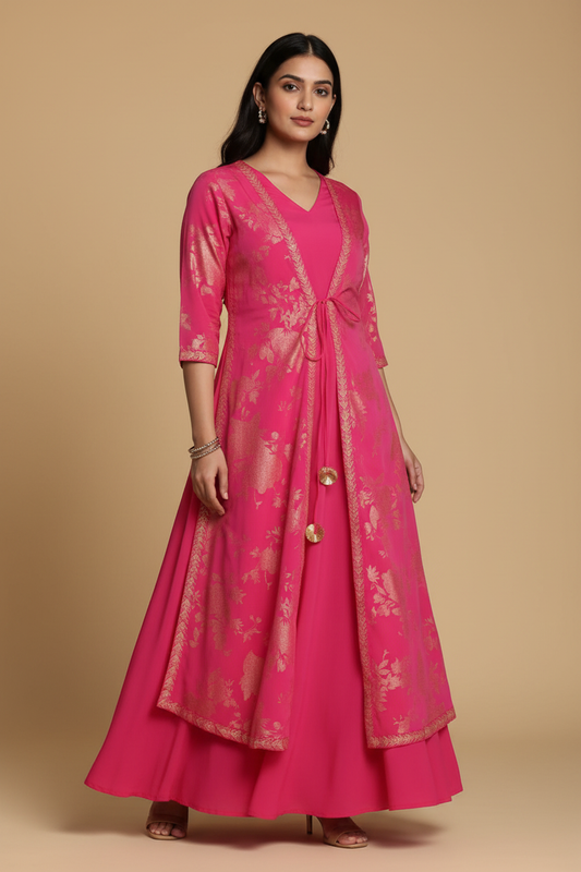 Premium Editorial Model - Hot Pink Gold Print Jacket Gown