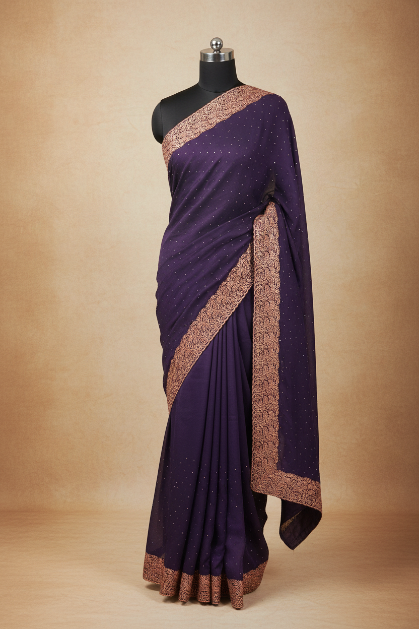 Purple Georgette Saree with Crystal Work & Copper Border
