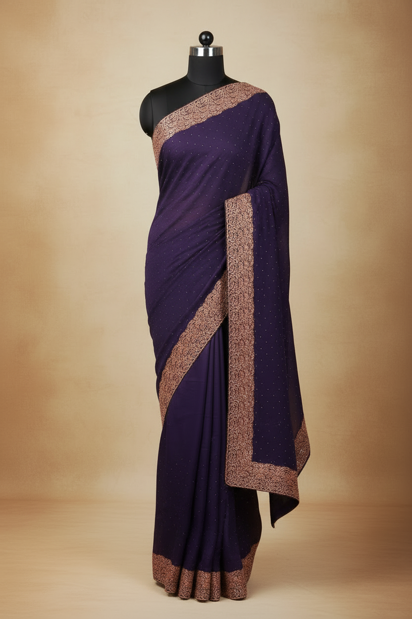 Purple georgette saree with crystal work front view