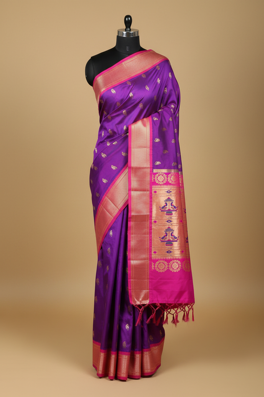 Purple Paithani on black mannequin