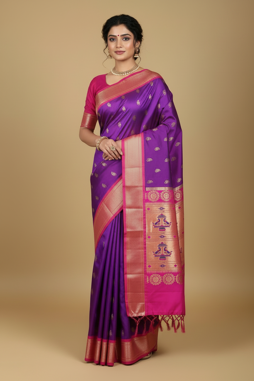 Purple Paithani Pure Silk Saree with Magenta Pink Border