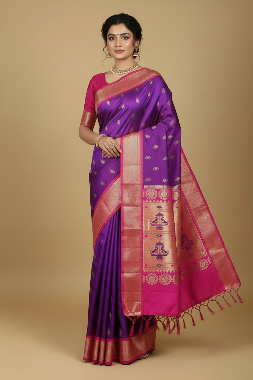 Purple Paithani Pure Silk Saree with Magenta Pink Border