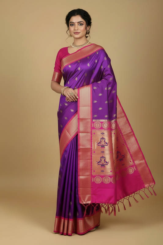Purple Paithani Pure Silk Saree with Magenta Pink Border