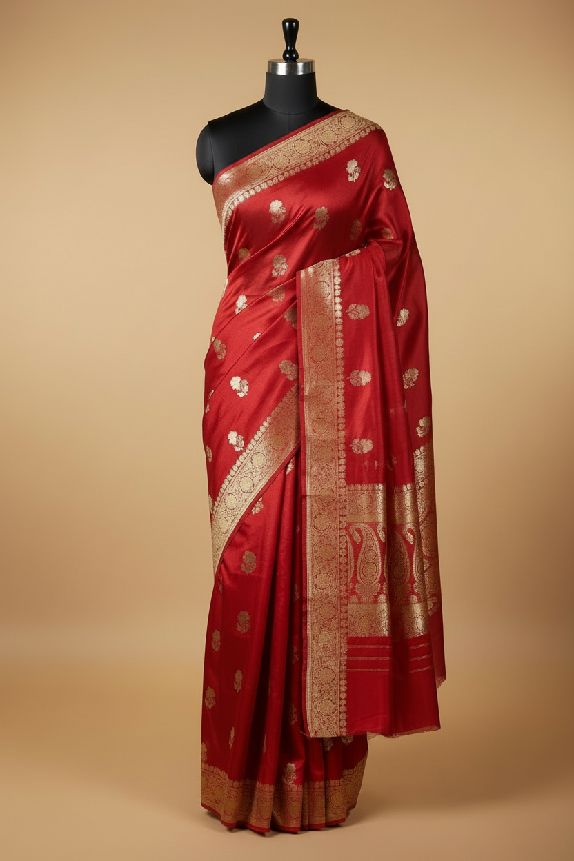 Red Banarasi Katan Silk - Left Side Pallu View