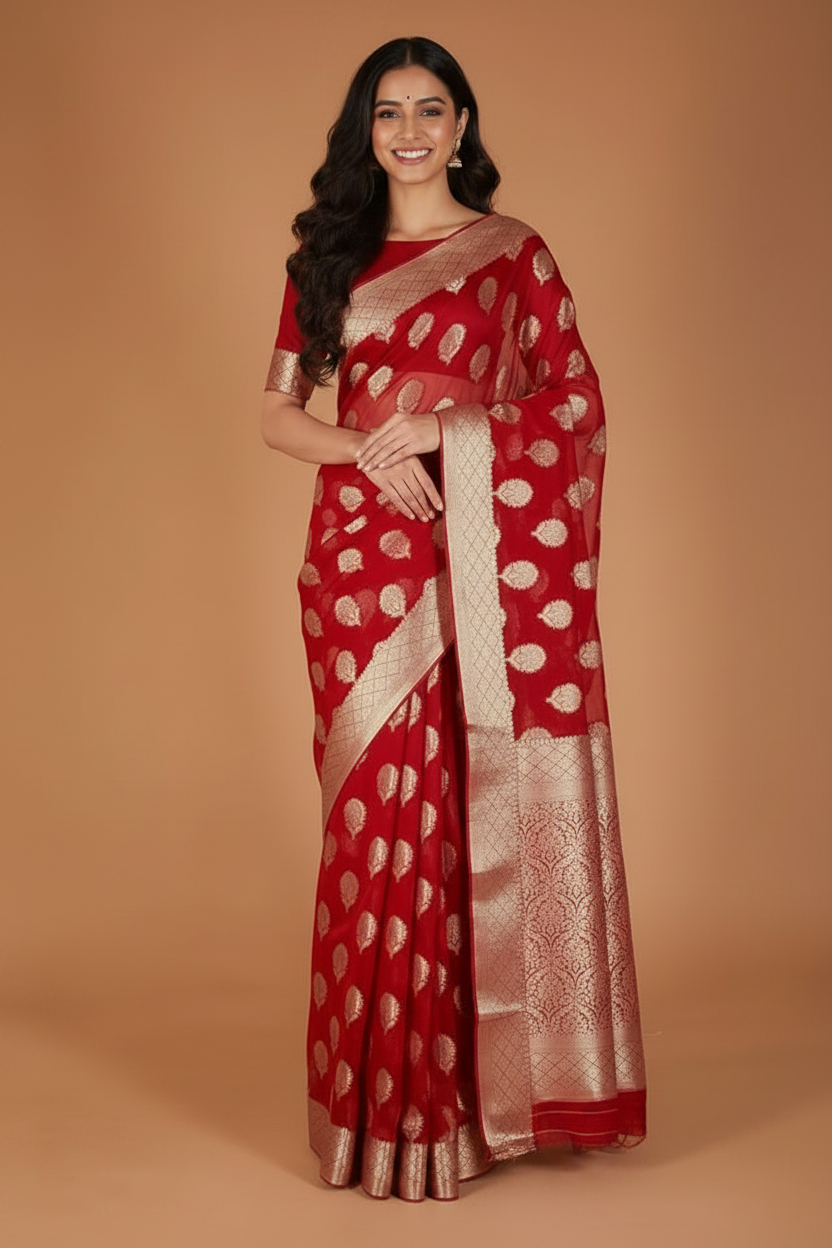 Red Banarasi Chiffon Silk Saree
